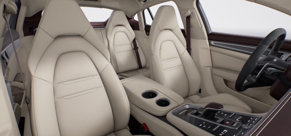 Two-tone leather interior in Marsala and Cream, smooth-finish leather