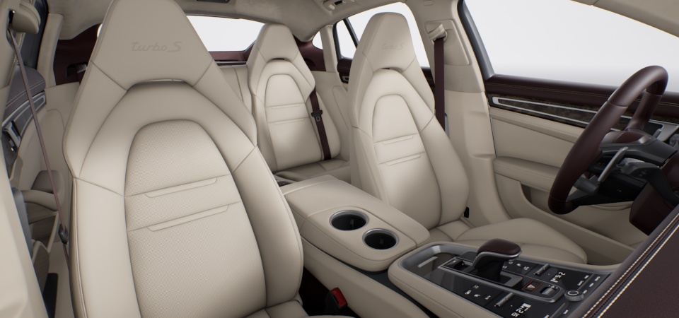 Two-tone leather interior in Marsala and Cream, smooth-finish leather