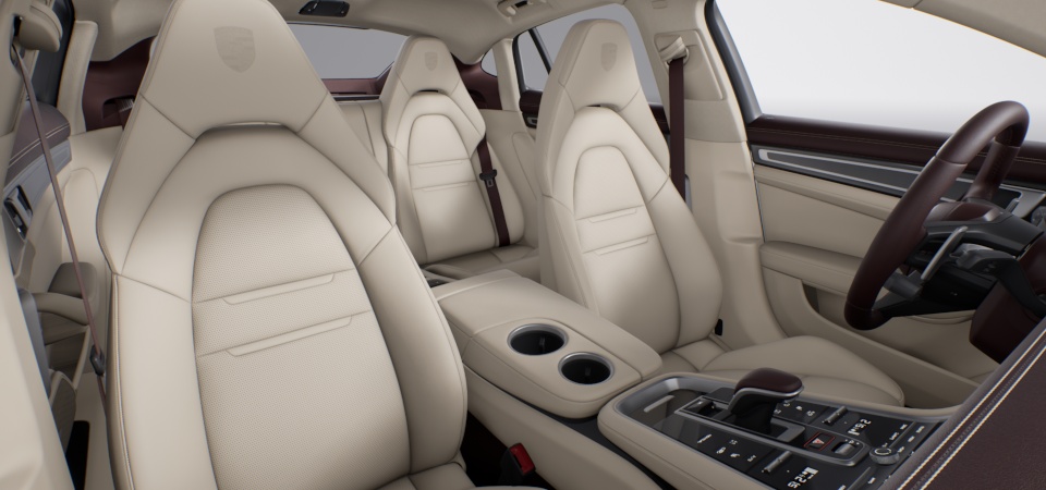 Two-tone leather interior in Marsala and Cream, smooth-finish leather