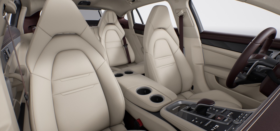 Two-tone leather interior in Marsala and Cream, smooth-finish leather