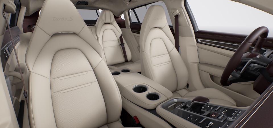 Two-tone leather interior in Marsala and Cream, smooth-finish leather