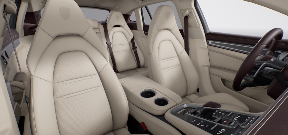 Two-tone leather interior in Marsala and Cream, smooth-finish leather