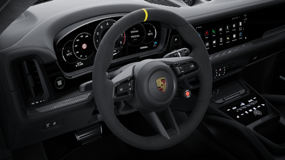 GT Sports steering wheel heated with rim in Race-Tex, twelve o'clock mark in Racing Yellow and stichting package in contrast colour